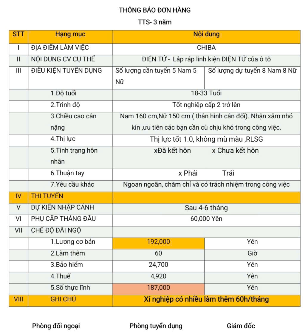 Đơn hàng TTS điện tử (lắp ráp linh kiện điện tử của ô tô) Chiba