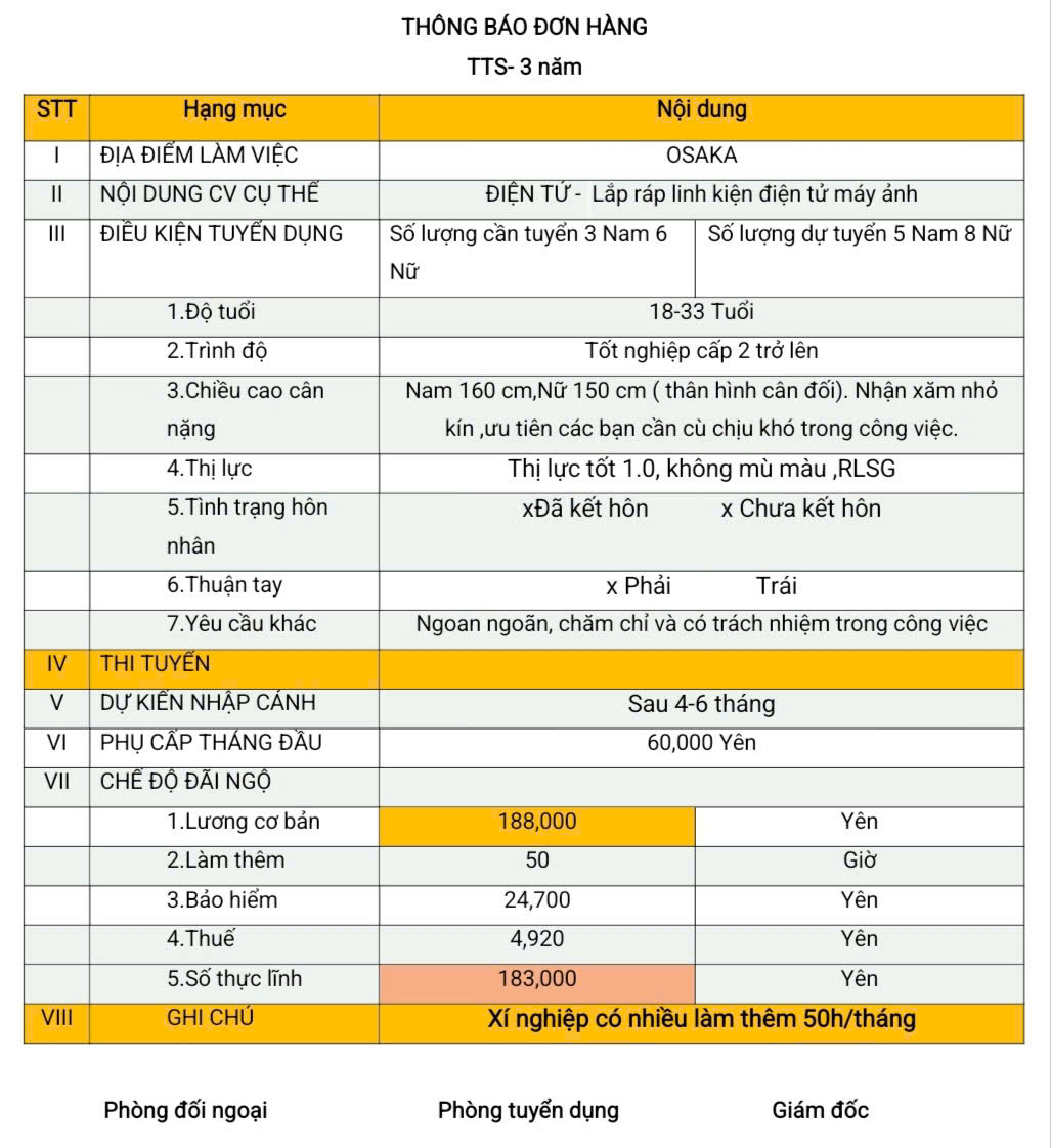 Đơn hàng TTS điện tử (lắp ráp linh kiện điện tử máy ảnh) Osaka