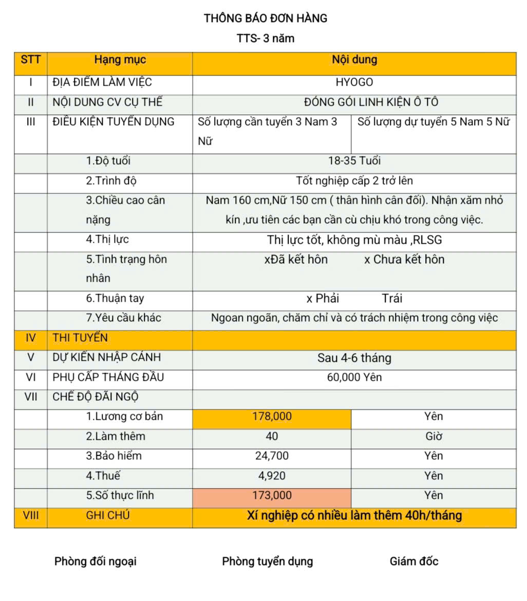 Đơn hàng TTS đóng gói linh kiện Ô Tô Hyogo