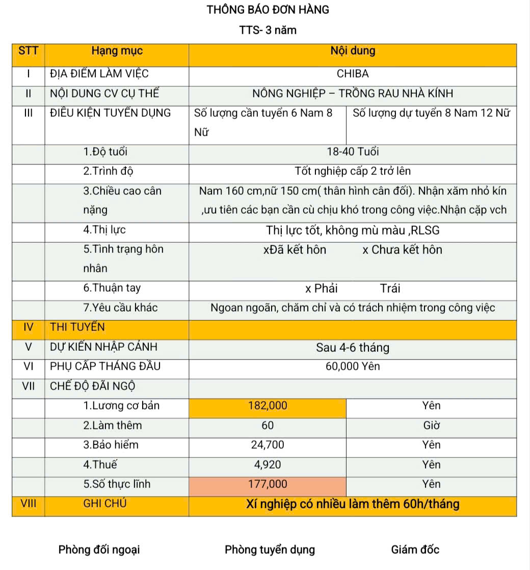 Đơn hàng TTS nông nghiệp trồng rau nhà kính Chiba