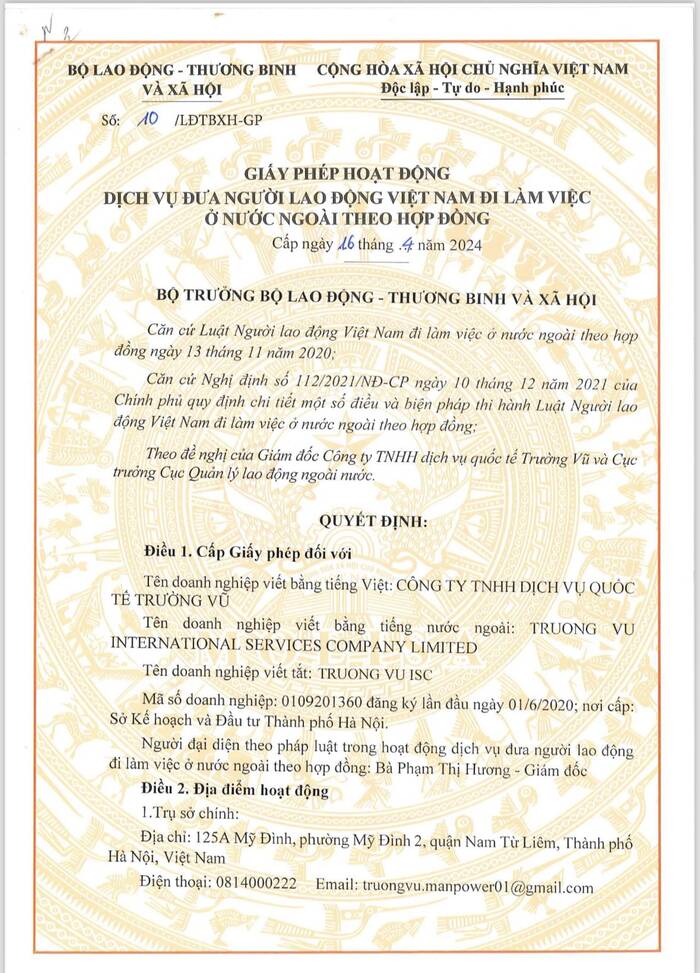 Giấy phép hoạt động trang 1